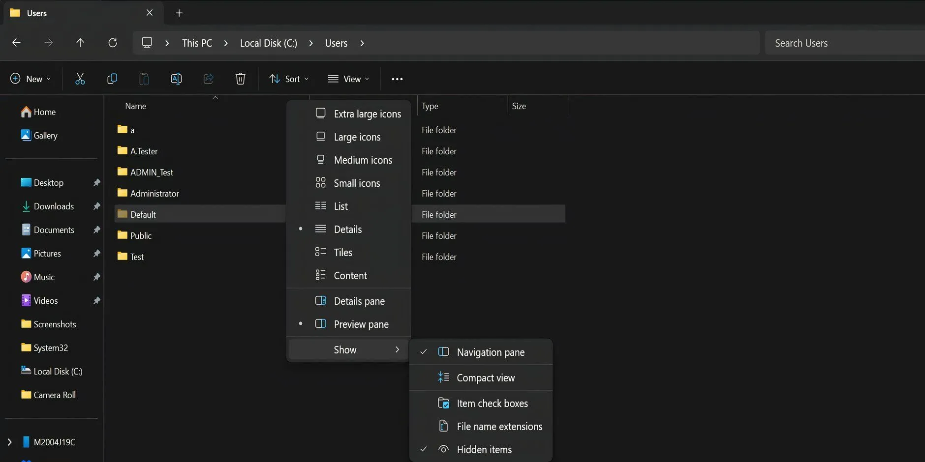 Bật tùy chọn &quot;Mục ẩn&quot; trong File Explorer để hiển thị tệp NTUSER.DAT khi khắc phục lỗi profile.