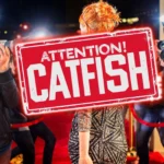 Biển báo cảnh báo lừa đảo catfishing với hình ảnh người nổi tiếng và paparazzi