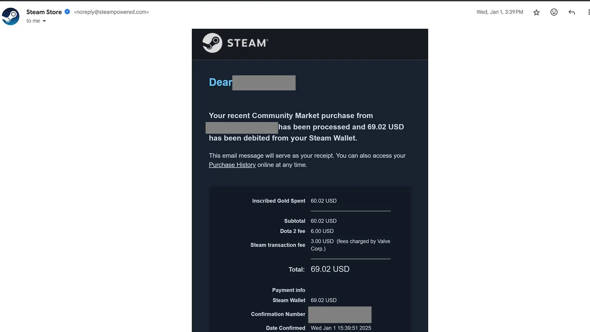 Biên lai giao dịch Chợ Cộng đồng Steam qua email hiển thị thông tin của tôi và kẻ lừa đảo bị che đi