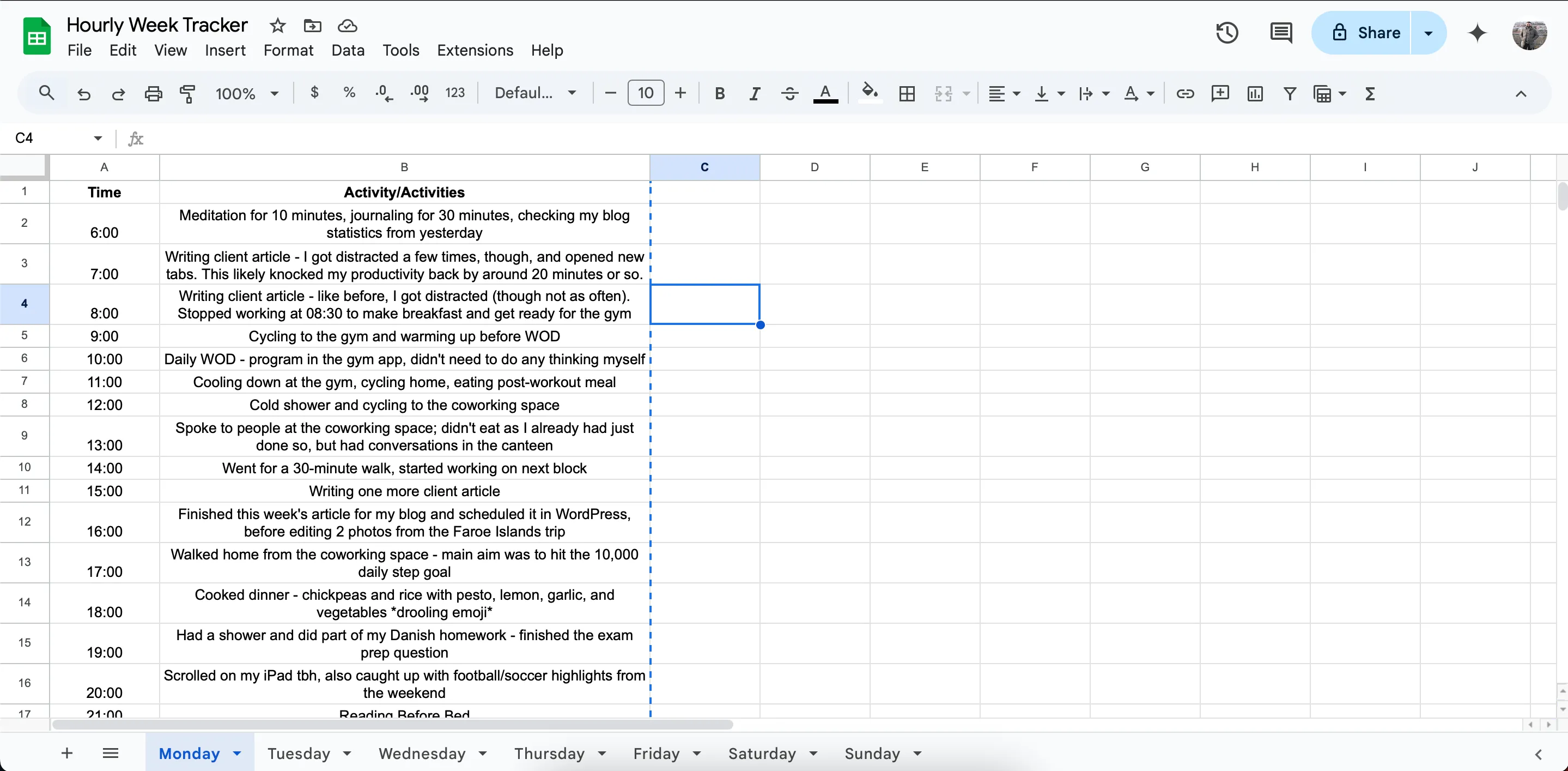 Biểu đồ Google Sheets ghi lại các hoạt động buổi sáng Thứ Hai của tác giả