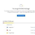 Biểu đồ hiển thị dung lượng sử dụng của tài khoản Google, minh họa 15GB bộ nhớ miễn phí.