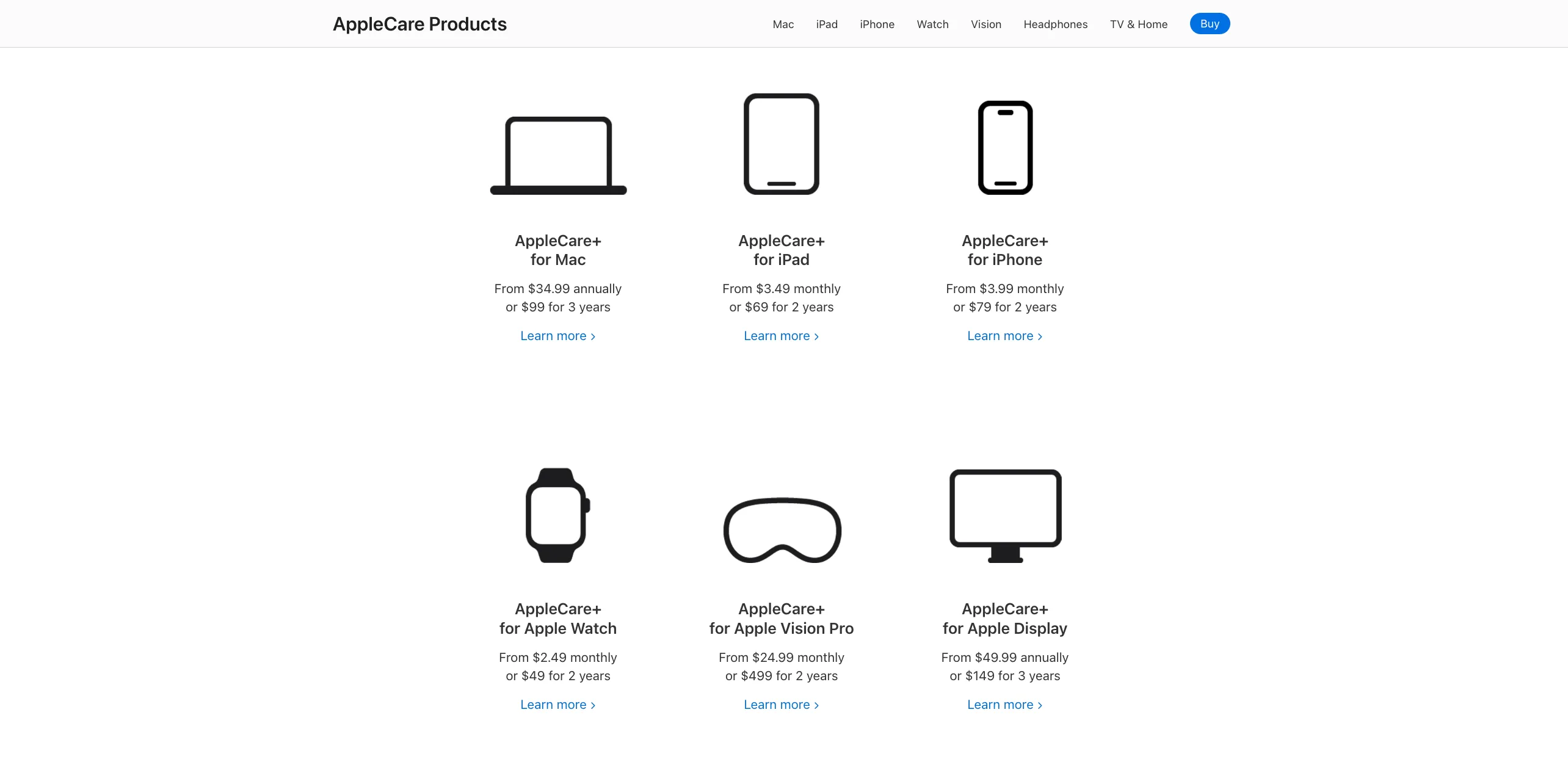Biểu đồ minh họa các gói AppleCare+ cho từng loại thiết bị Apple cùng với mức giá tương ứng