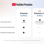 Biểu đồ so sánh các gói đăng ký YouTube Premium Lite và YouTube Premium đầy đủ.