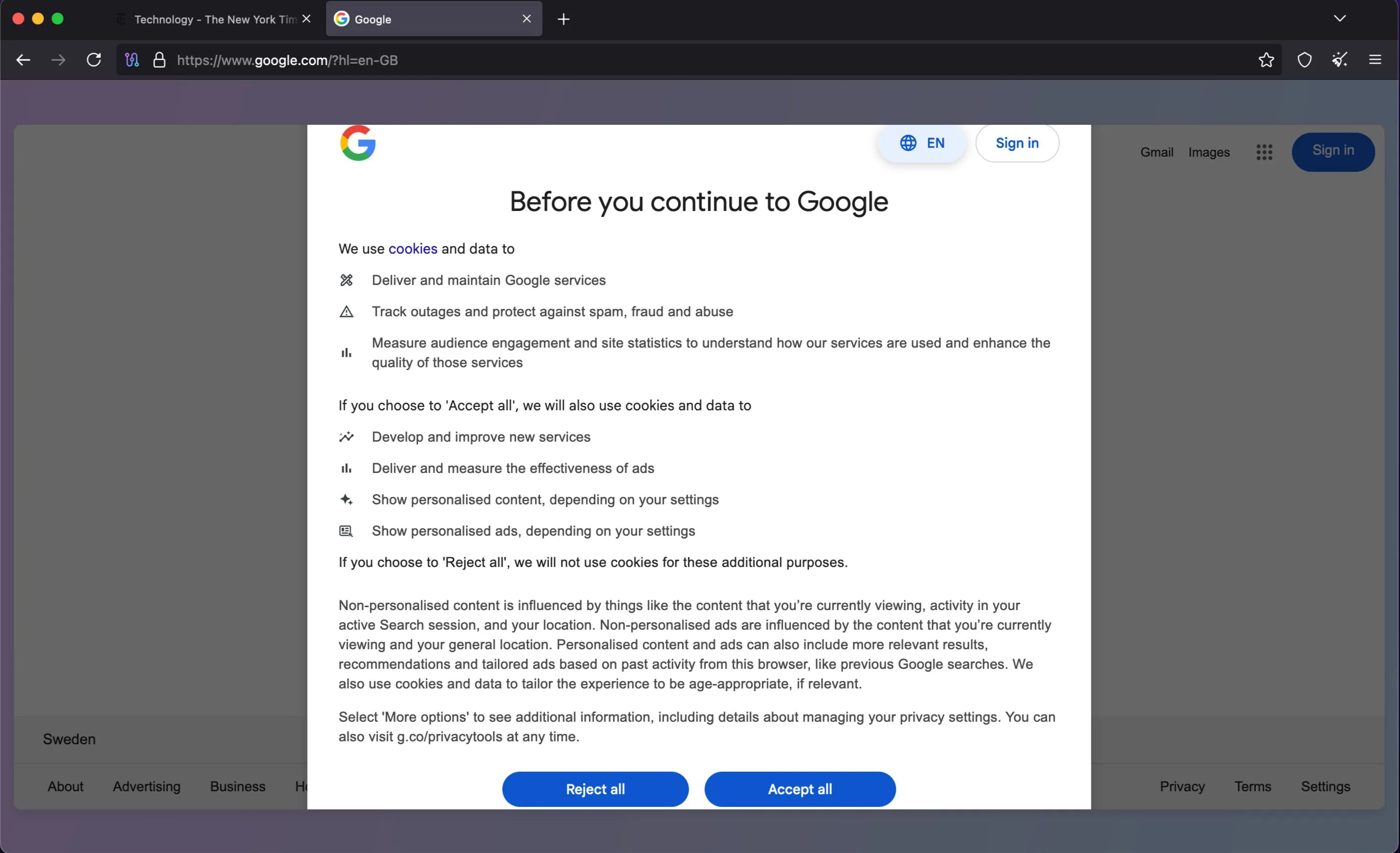 Biểu ngữ yêu cầu đồng ý cookie của Google hiển thị khi truy cập bằng trình duyệt Tor, minh họa khả năng chặn theo dõi.