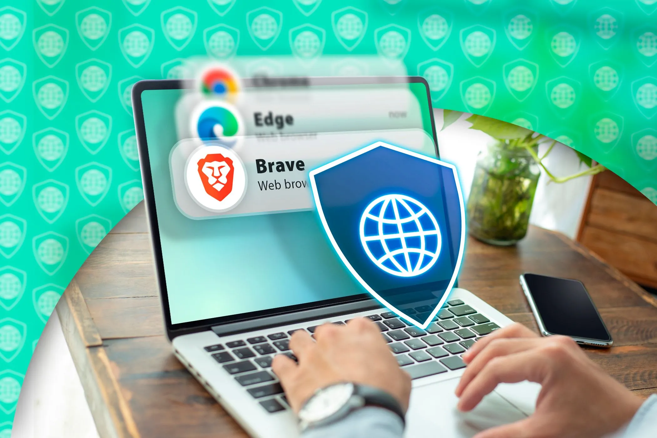 Biểu tượng các trình duyệt web phổ biến và lá chắn bảo mật trên màn hình máy tính.