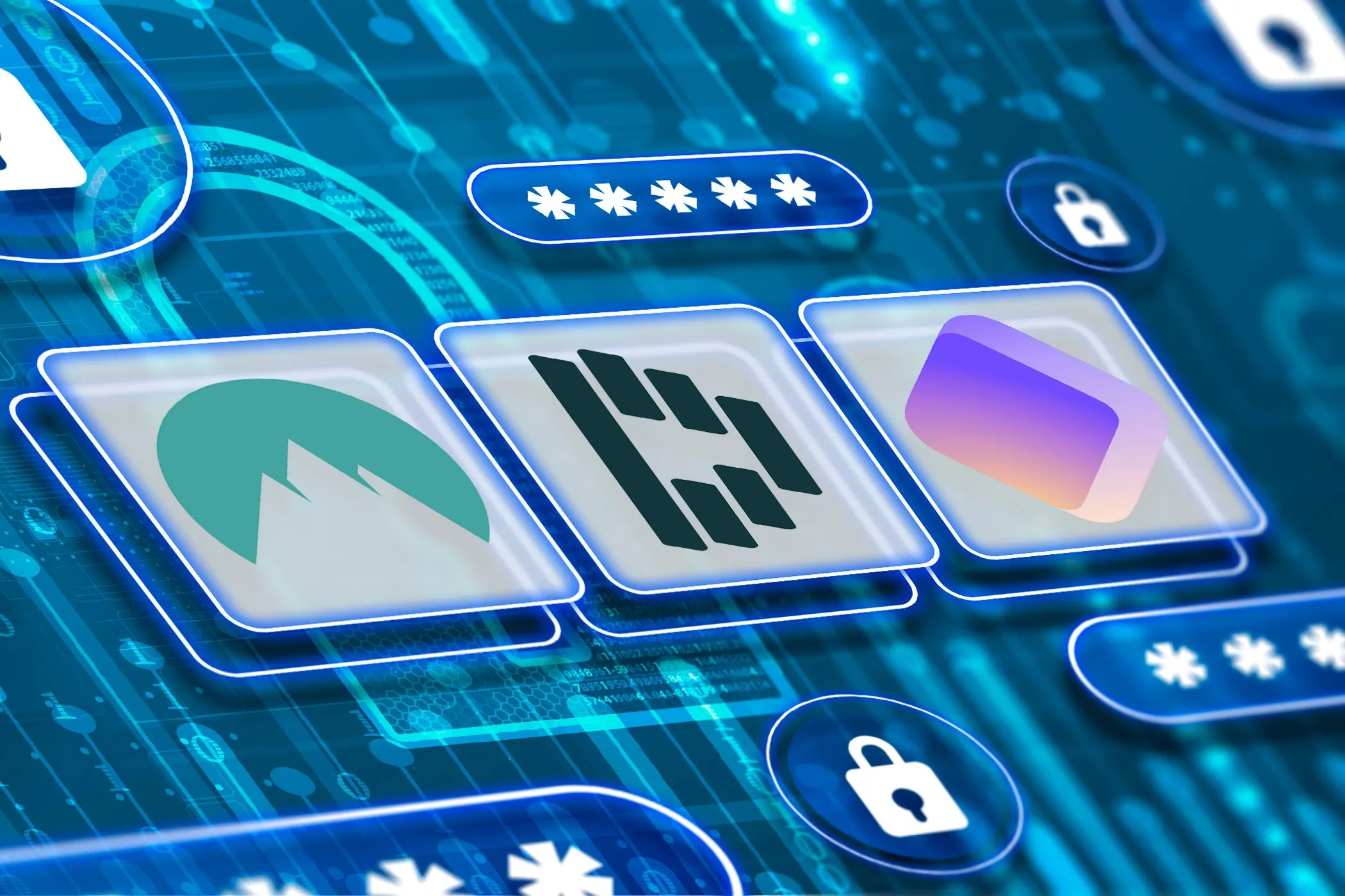 Biểu tượng các trình quản lý mật khẩu phổ biến như NordPass, Dashlane, Proton Pass, tượng trưng cho tầm quan trọng của việc bảo mật và sao lưu dữ liệu mật khẩu.