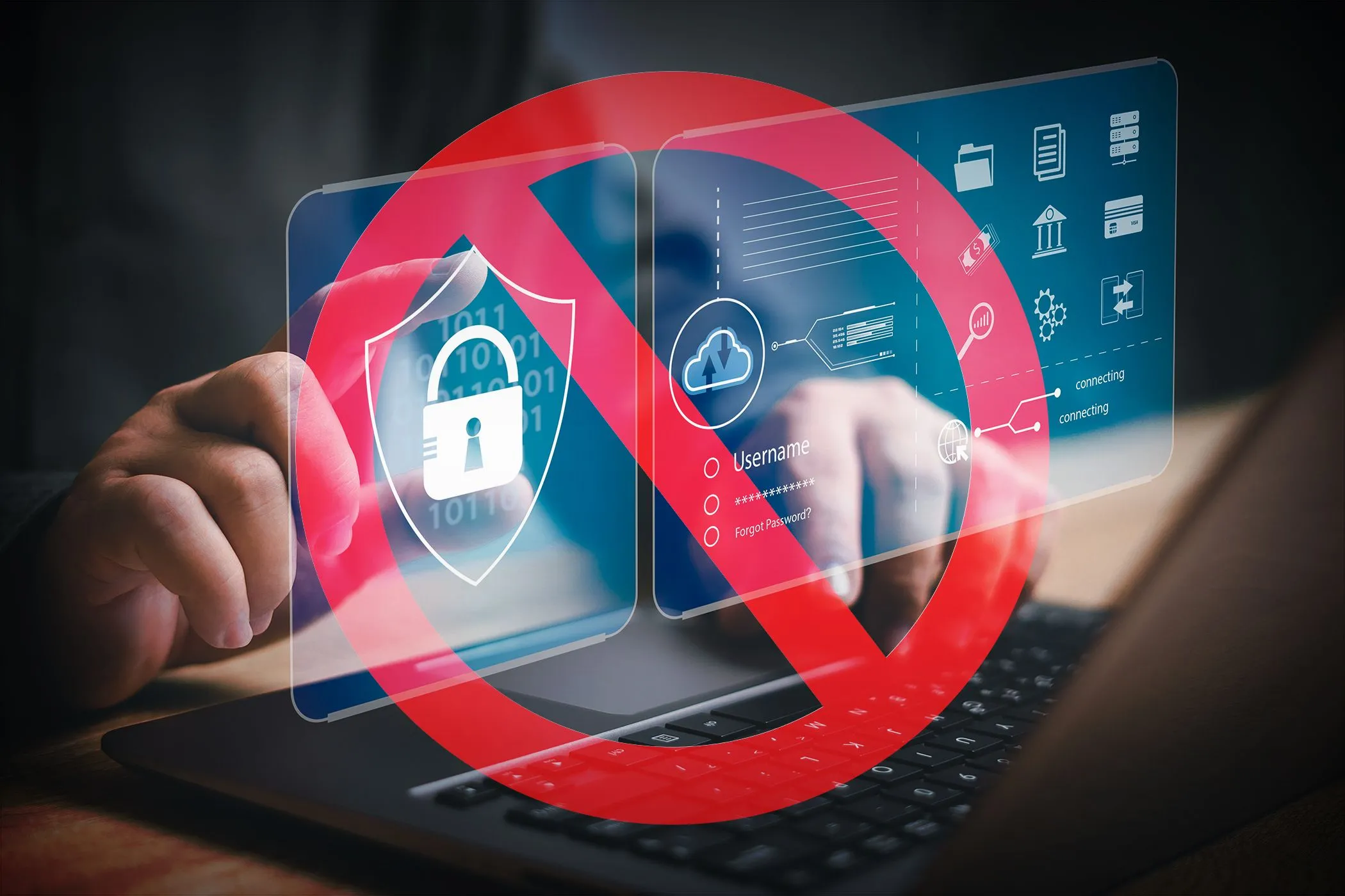 Biểu tượng cấm màu đỏ che phủ các icon bảo mật trên màn hình laptop, minh họa hạn chế bảo mật của Smart DNS Proxy