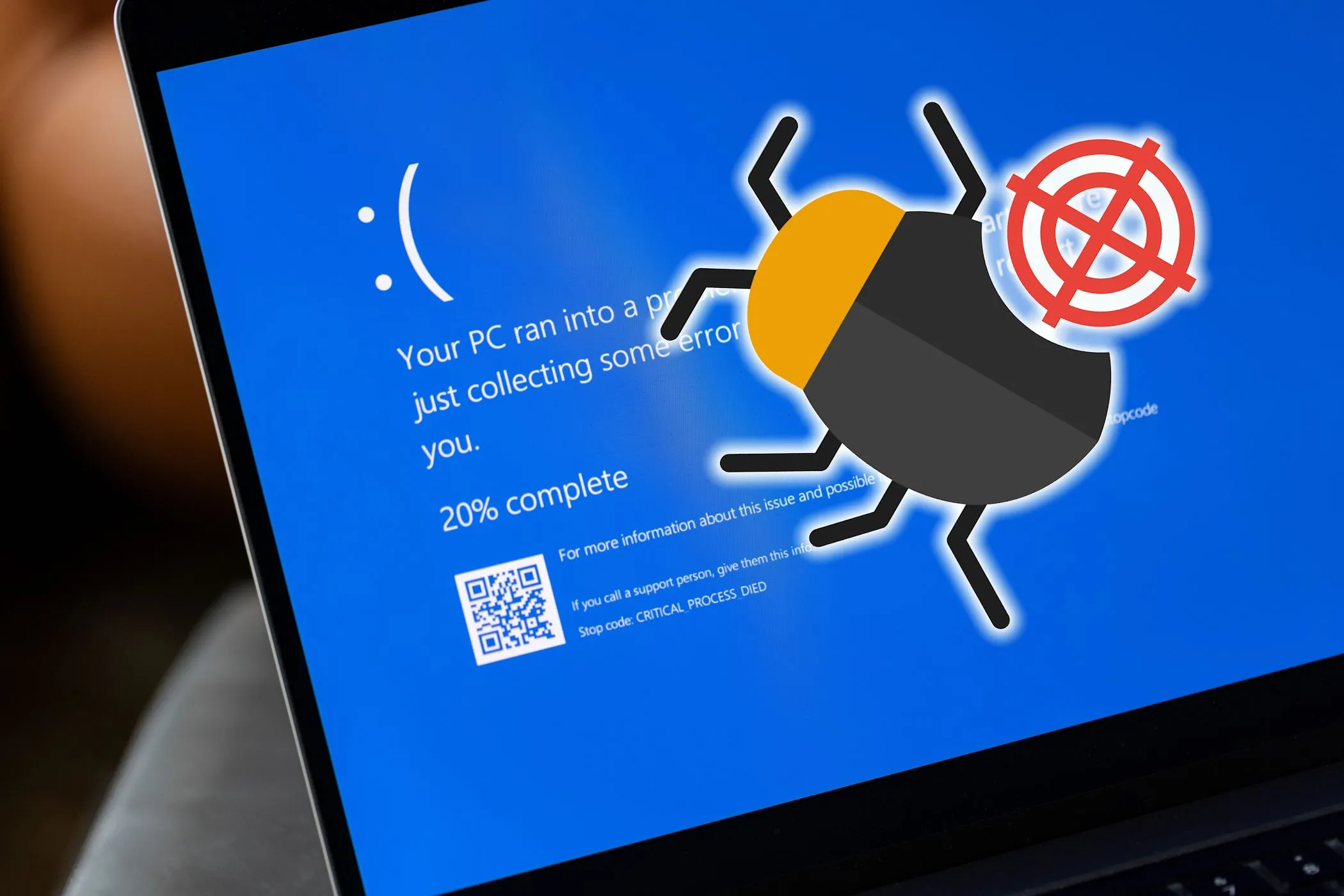 Biểu tượng màn hình lỗi Windows với hình ảnh con bọ và màn hình xanh chết chóc (BSOD), minh họa các lỗi hệ thống ngẫu nhiên.