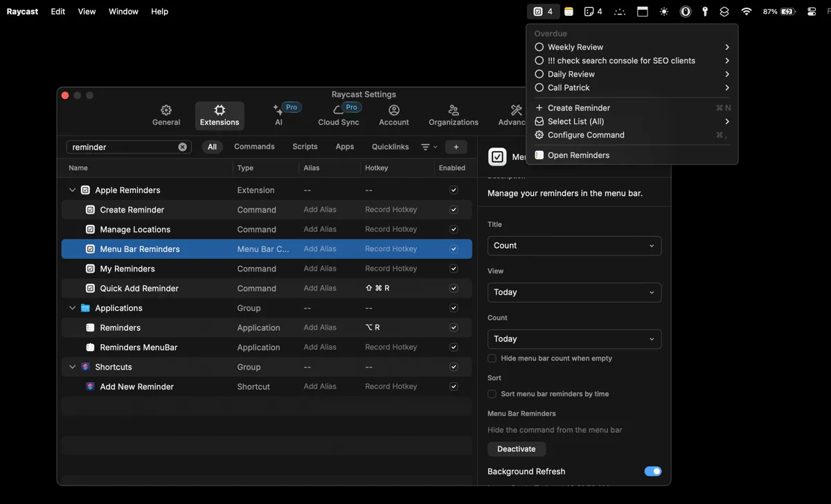 Biểu tượng ứng dụng Lời nhắc (Reminders) hiển thị trên Menu Bar của macOS sau khi kích hoạt tiện ích mở rộng Raycast, giúp truy cập nhanh chóng