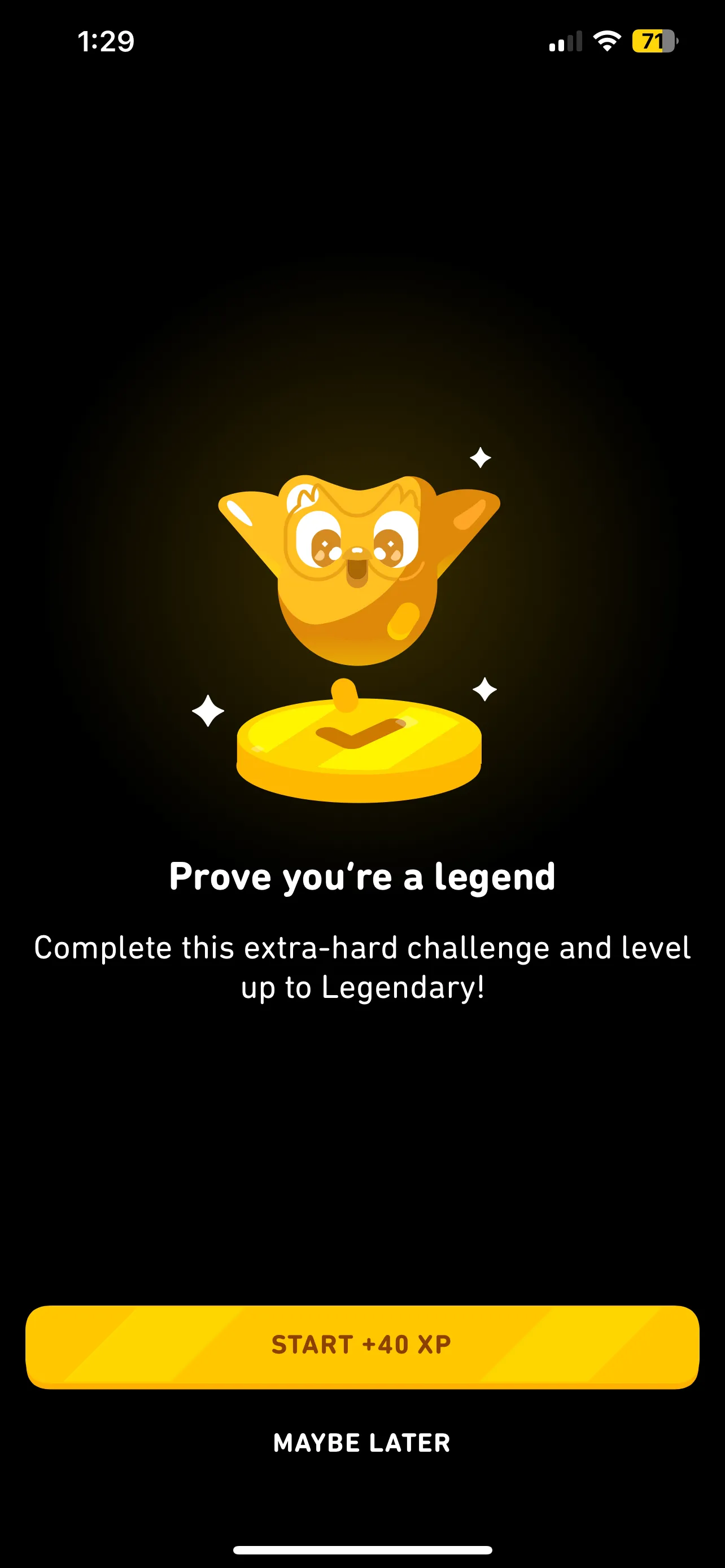 Biểu tượng vàng của bài học huyền thoại (Legendary Lesson) đã hoàn thành trên Duolingo