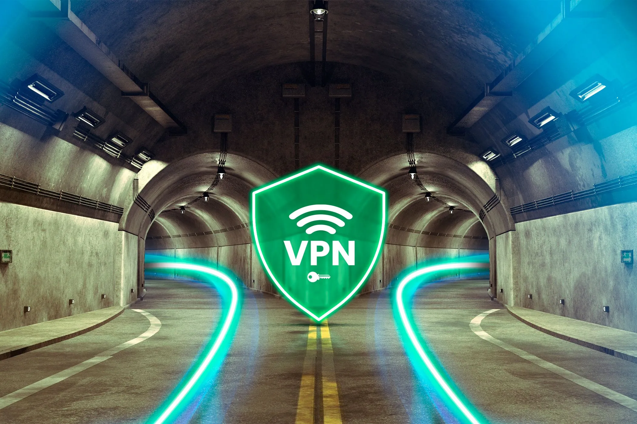 Biểu tượng VPN giữa đường hầm phân tách thành hai lối đi, tượng trưng cho tính năng bảo mật và định tuyến dữ liệu.