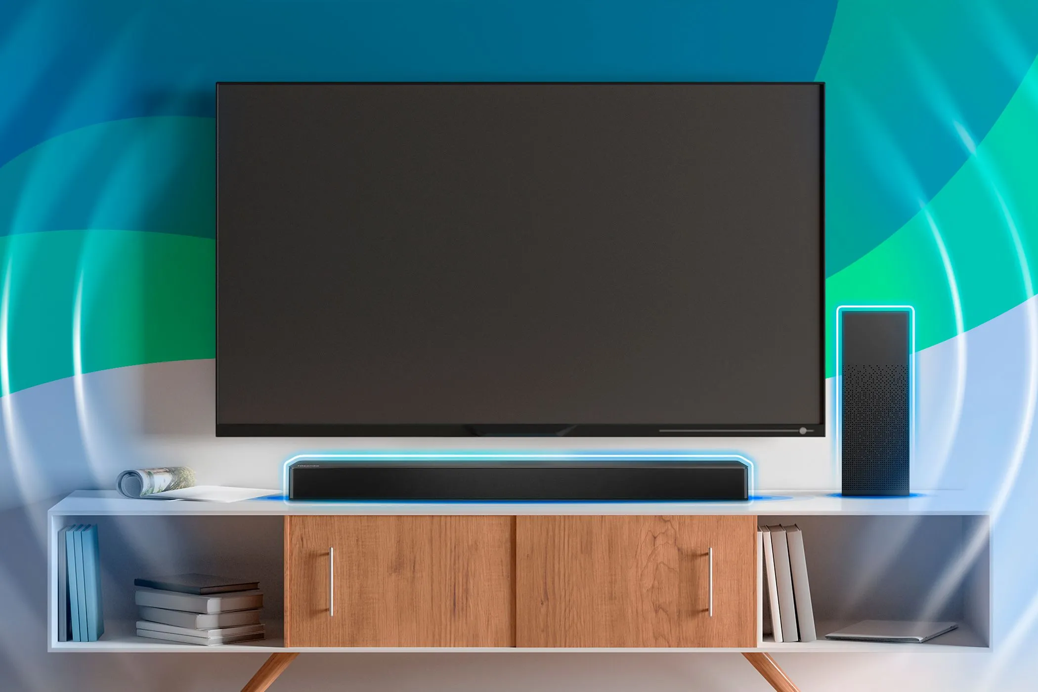 Bố cục phòng khách hiện đại với TV treo tường và soundbar đặt trên kệ, thể hiện hệ thống giải trí gia đình tối ưu.