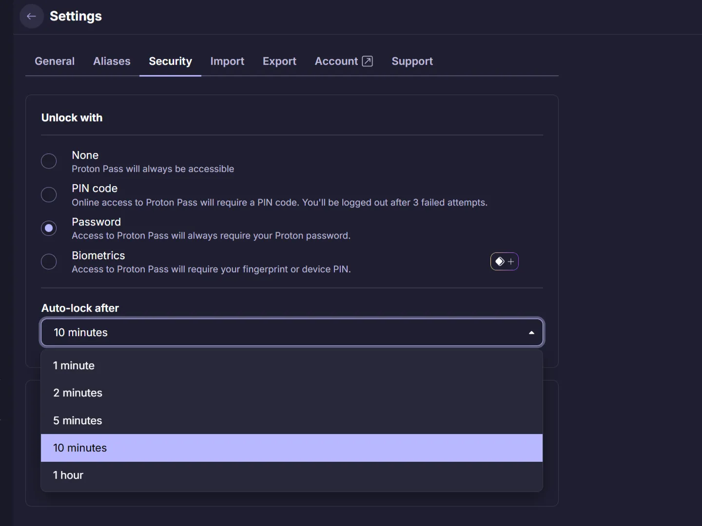 Bộ hẹn giờ tự động khóa trong Proton Pass được đặt là mười phút.