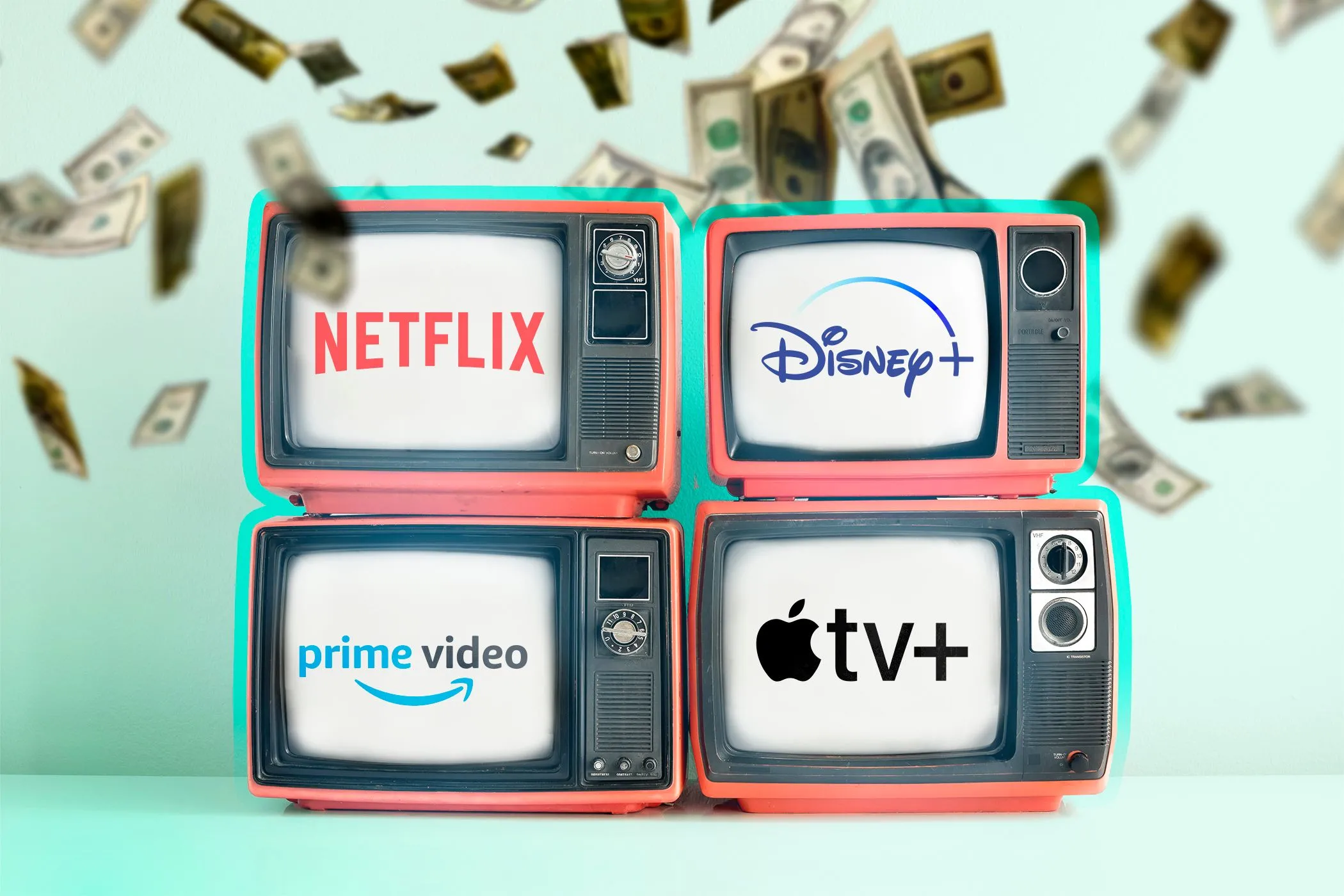 Bốn chiếc TV hiển thị logo dịch vụ phát trực tuyến với những tờ đô la đang rơi xuống, tượng trưng cho việc kiếm tiền từ dữ liệu