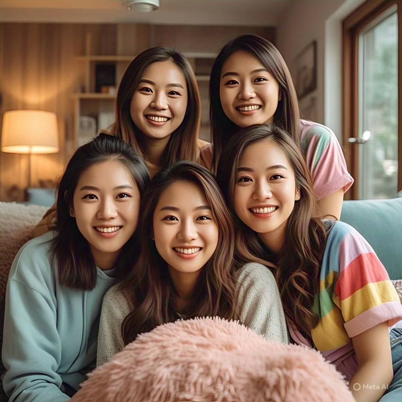 Bốn cô gái trẻ với làn da quá mịn màng, thiếu kết cấu thật trong ảnh tạo bởi AI