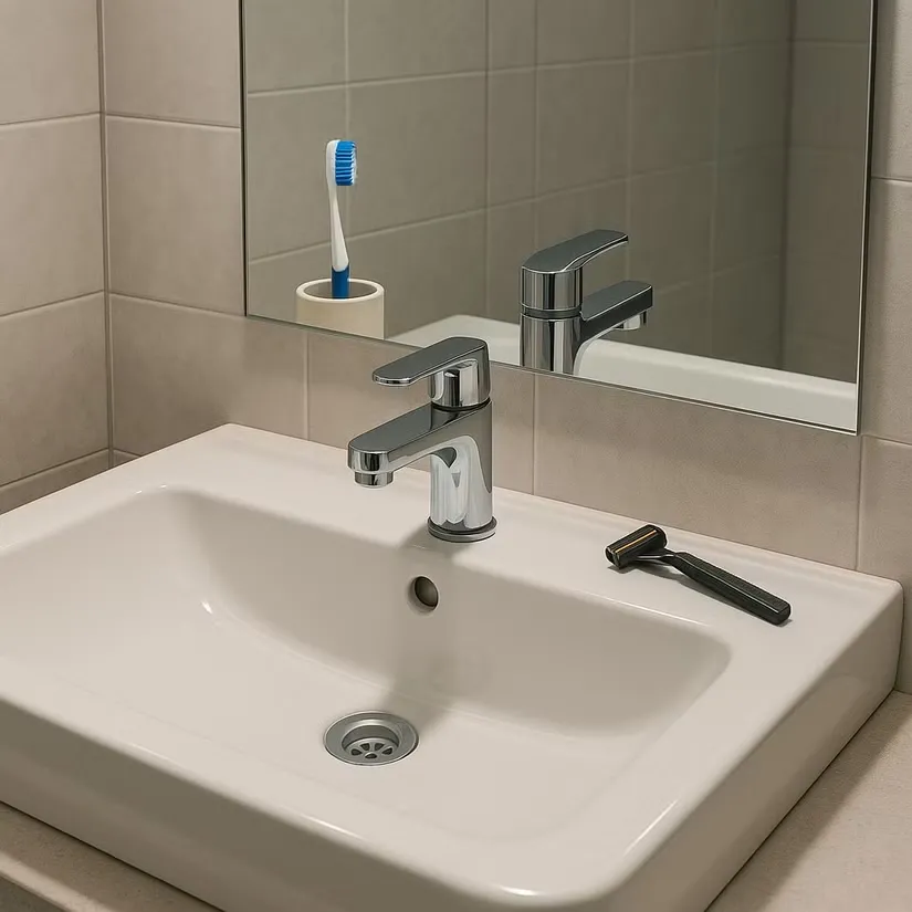 Bồn rửa và gương với phản chiếu vật thể phi lý trong ảnh AI