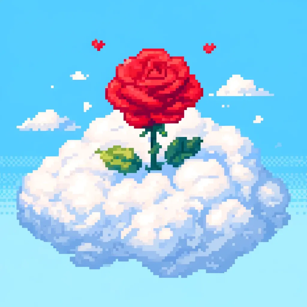 Bông hồng đỏ pixel art mọc trên đám mây trắng trong bầu trời xanh nhạt, một tác phẩm nghệ thuật kỹ thuật số do AI DALL-E/ChatGPT tạo ra, minh họa tiềm năng sáng tạo của AI.