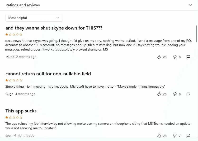 Các bình luận tiêu cực của người dùng về Microsoft Teams trên Microsoft Store