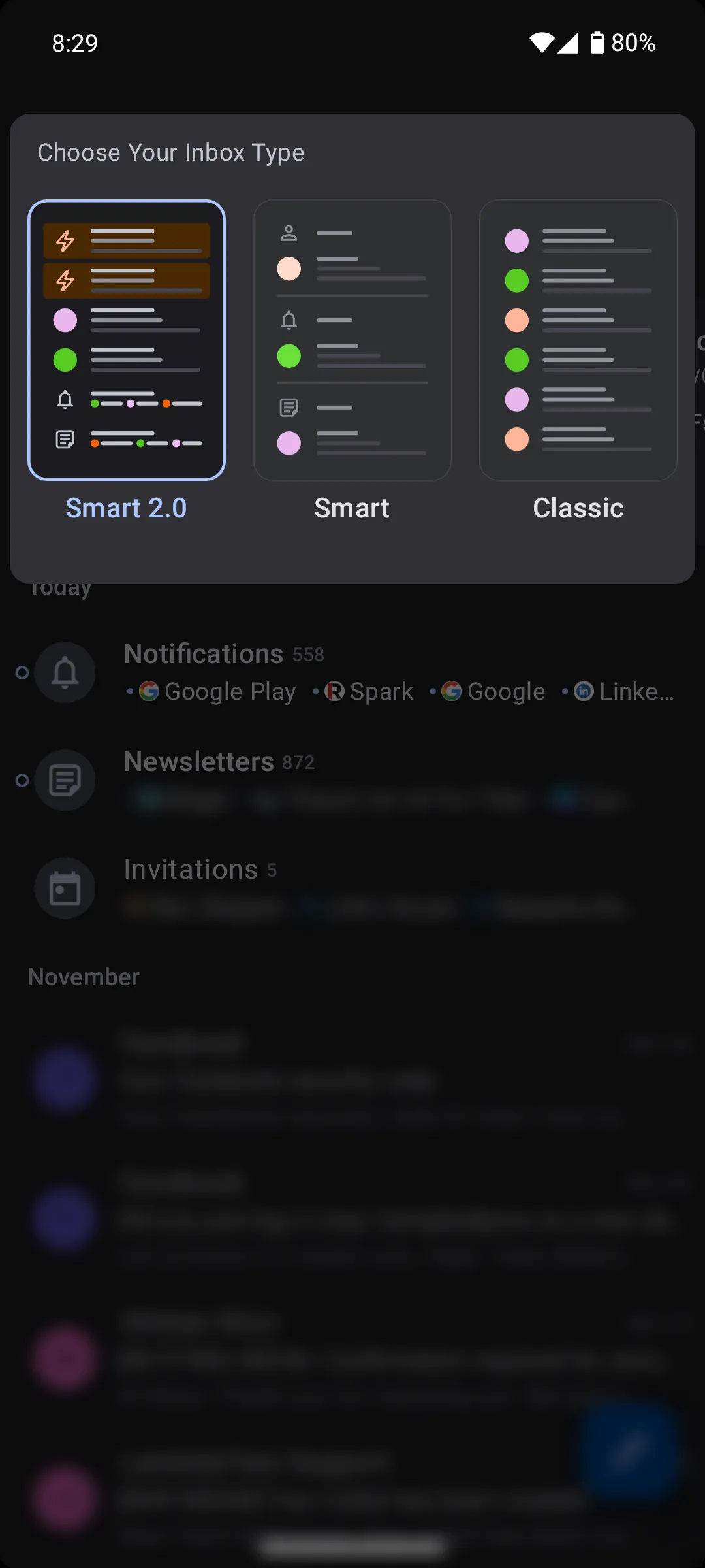 Các chế độ xem hộp thư đến trong ứng dụng Spark Mail Android