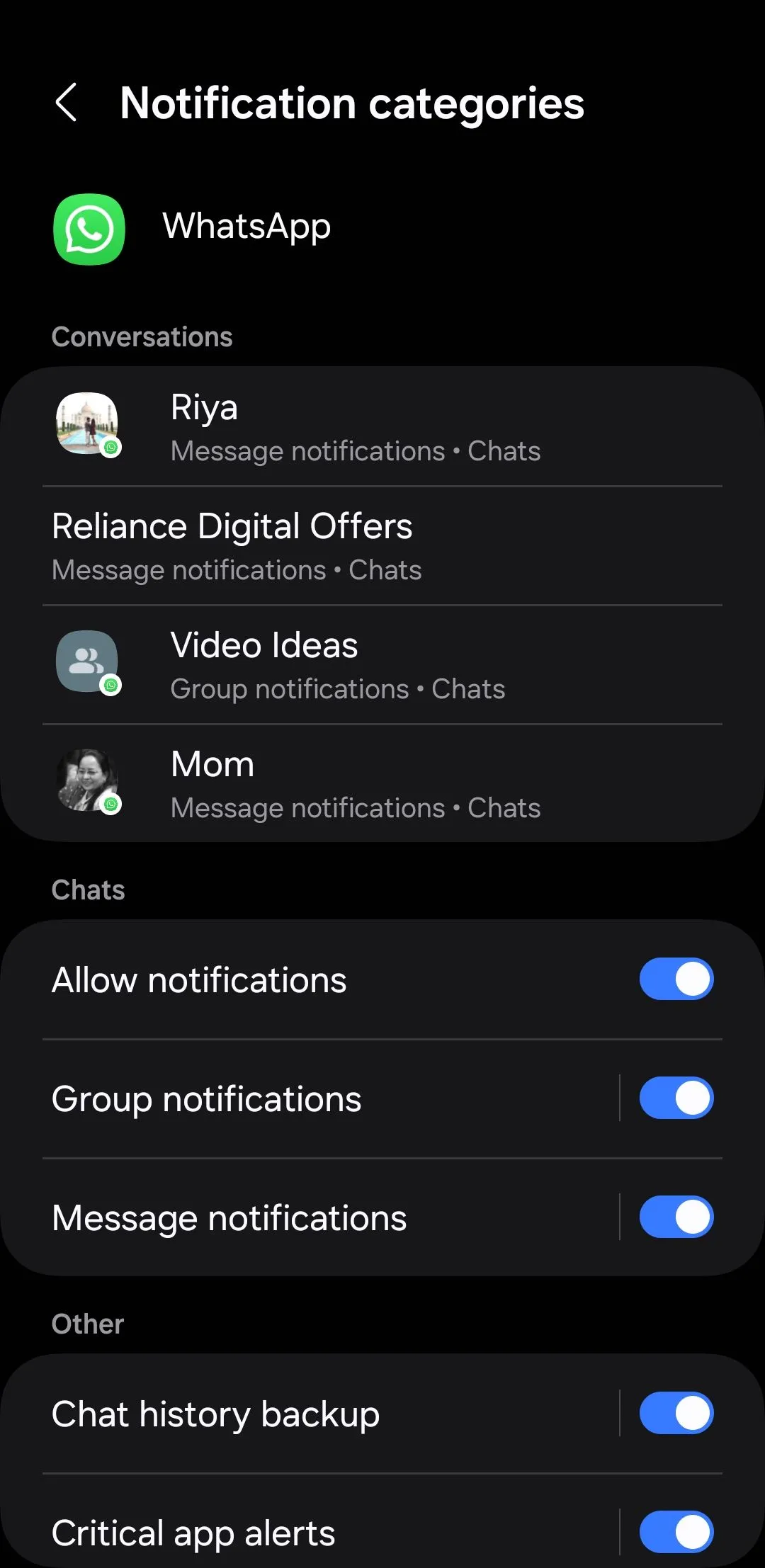 Các danh mục thông báo WhatsApp tùy chỉnh trên Android