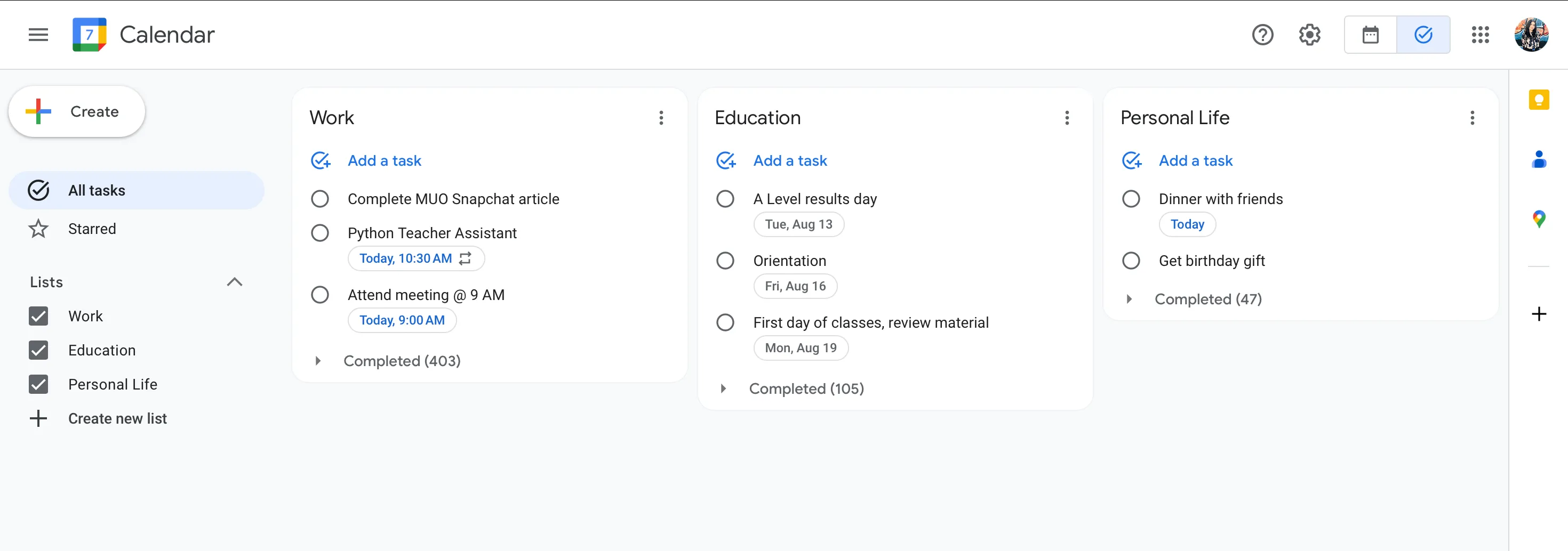 Các danh sách khác nhau được hiển thị trong Google Tasks, cho phép xem tổng quan