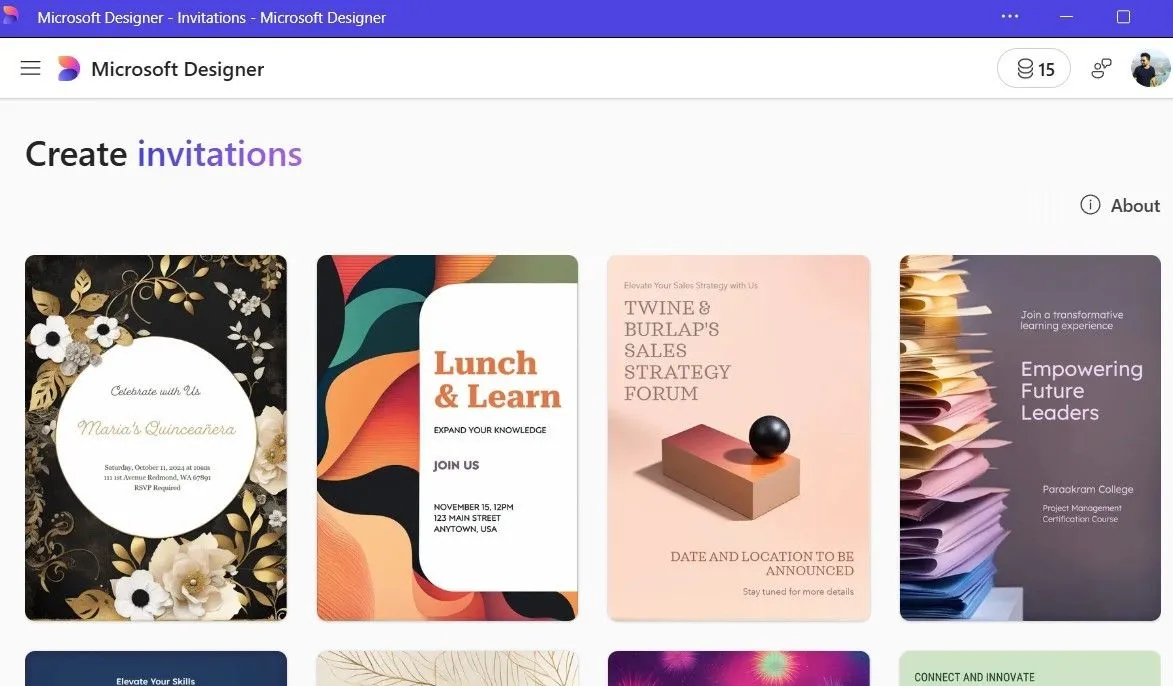 Các mẫu thiết kế thiệp mời sẵn có trong ứng dụng Microsoft Designer, giúp tạo nhanh chóng