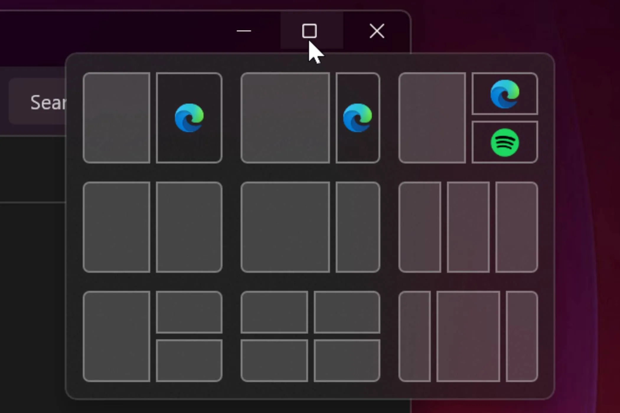 Các tùy chọn bố cục Snap Layouts linh hoạt của Windows 11 hiển thị khi di chuột vào nút phóng to cửa sổ