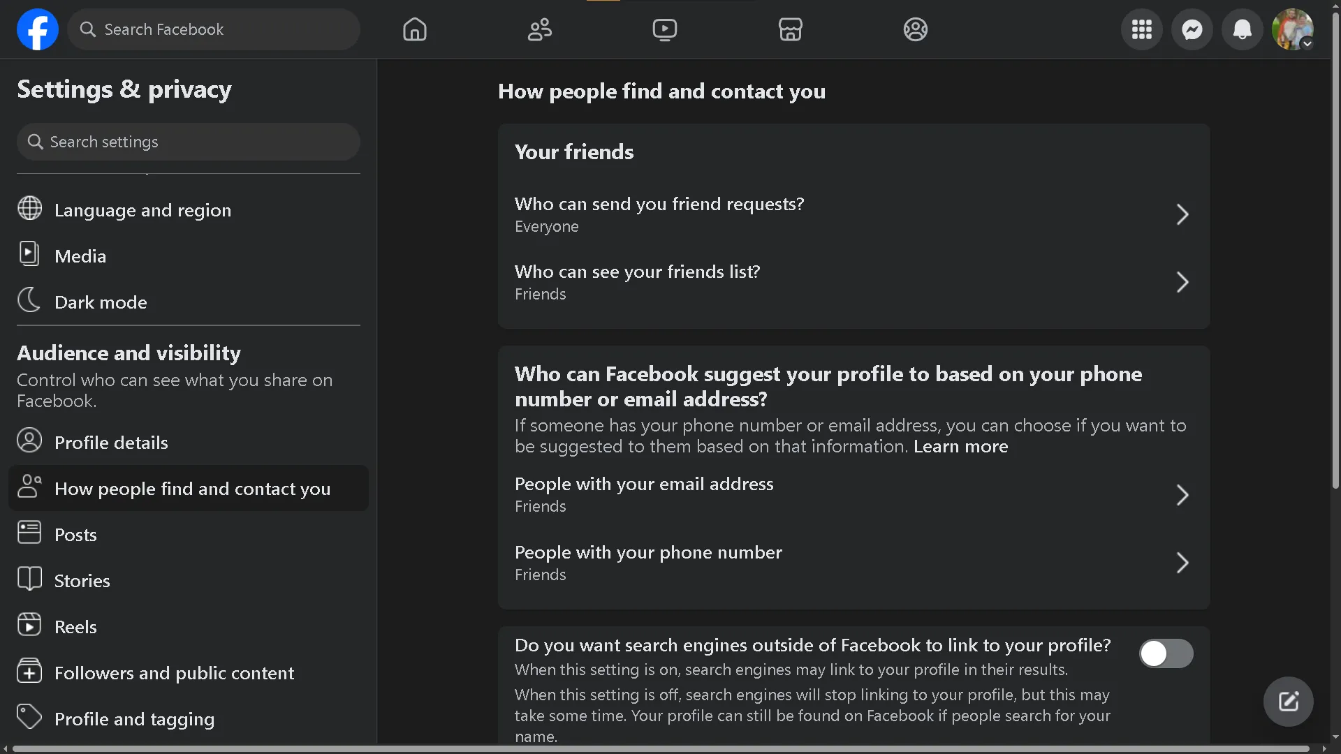 Các tùy chọn cài đặt quyền riêng tư trên Facebook về việc ai có thể tìm và liên hệ với bạn