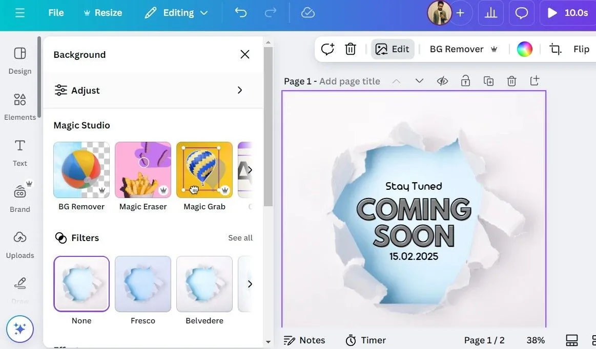 Các tùy chọn của Magic Studio trong ứng dụng Canva, bao gồm Magic Edit để chỉnh sửa hình ảnh bằng AI.