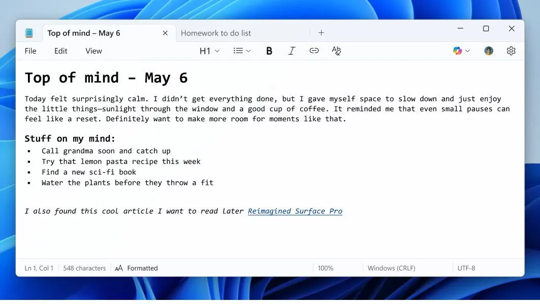Các tùy chọn định dạng văn bản mới được tích hợp trên Notepad Windows