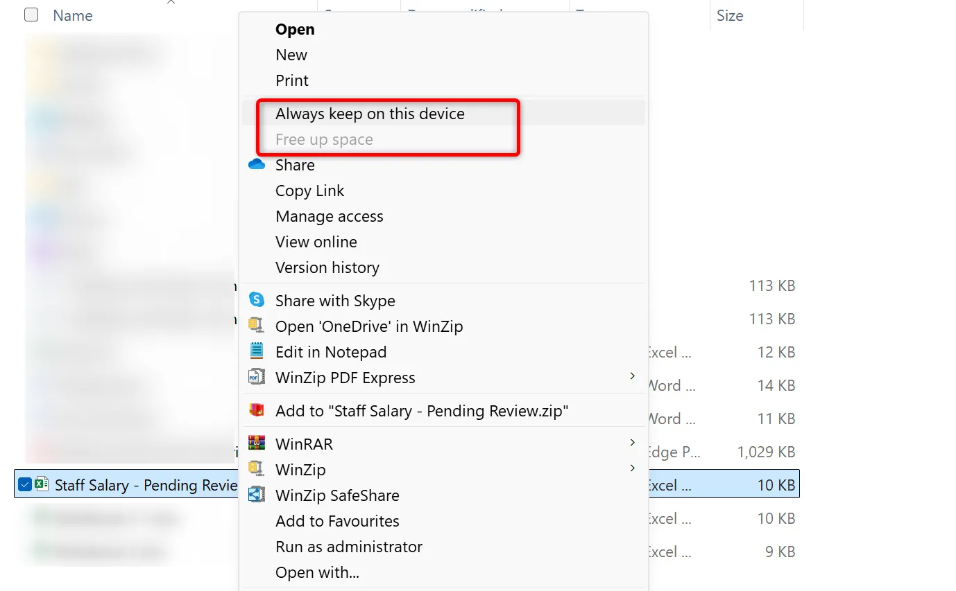Các tùy chọn giữ tệp OneDrive chỉ có sẵn trực tuyến hoặc tải về máy tính