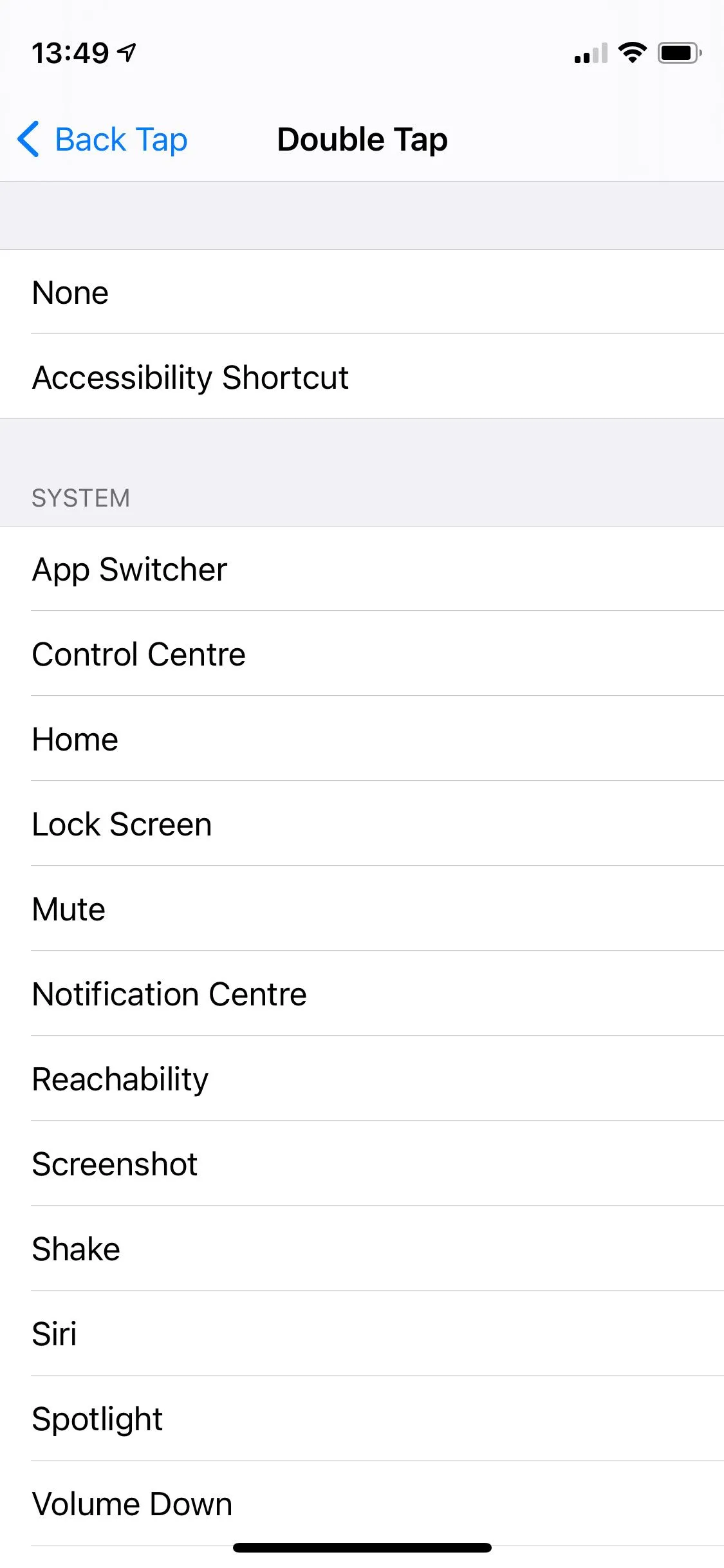 Các tùy chọn hành động cho thao tác chạm hai lần trên mặt lưng iPhone (Back Tap)