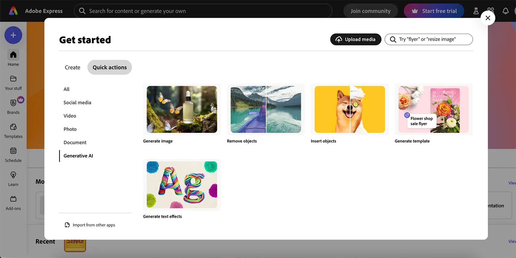 Các tùy chọn hành động nhanh được hỗ trợ bởi AI trong Adobe Express, bao gồm tạo ảnh, xóa vật thể và các hiệu ứng AI khác.