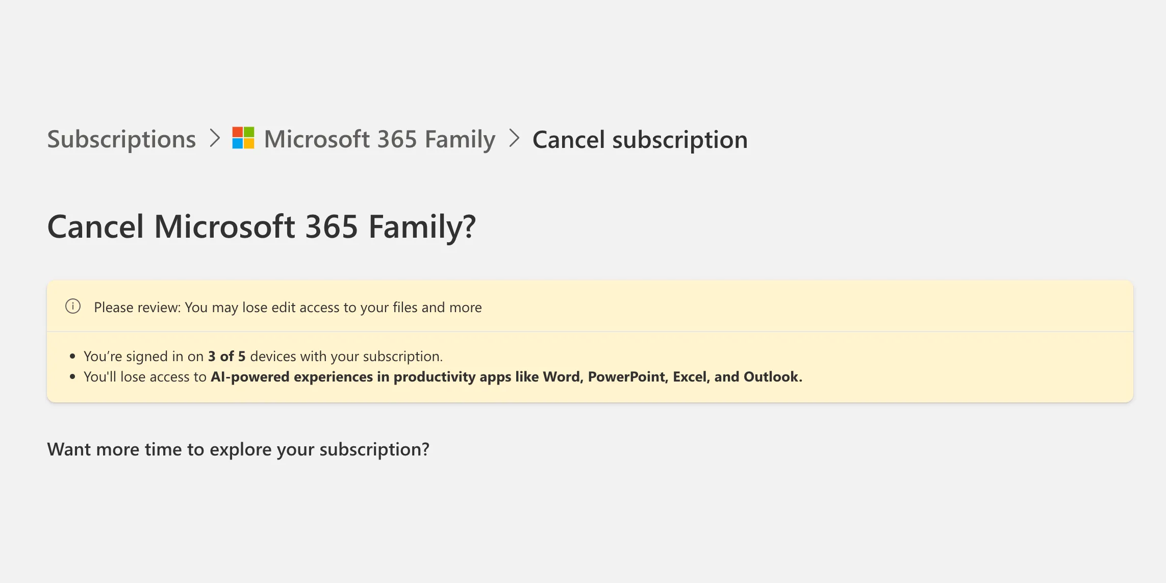 Các tùy chọn hủy đăng ký Microsoft 365 và lựa chọn gói Classic không kèm Copilot