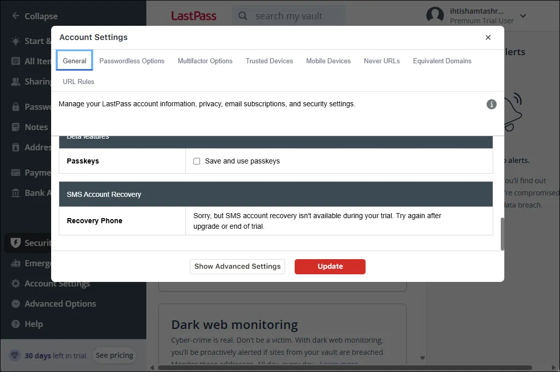 Các tùy chọn khôi phục tài khoản trong giao diện web của LastPass, bao gồm khôi phục mật khẩu chính