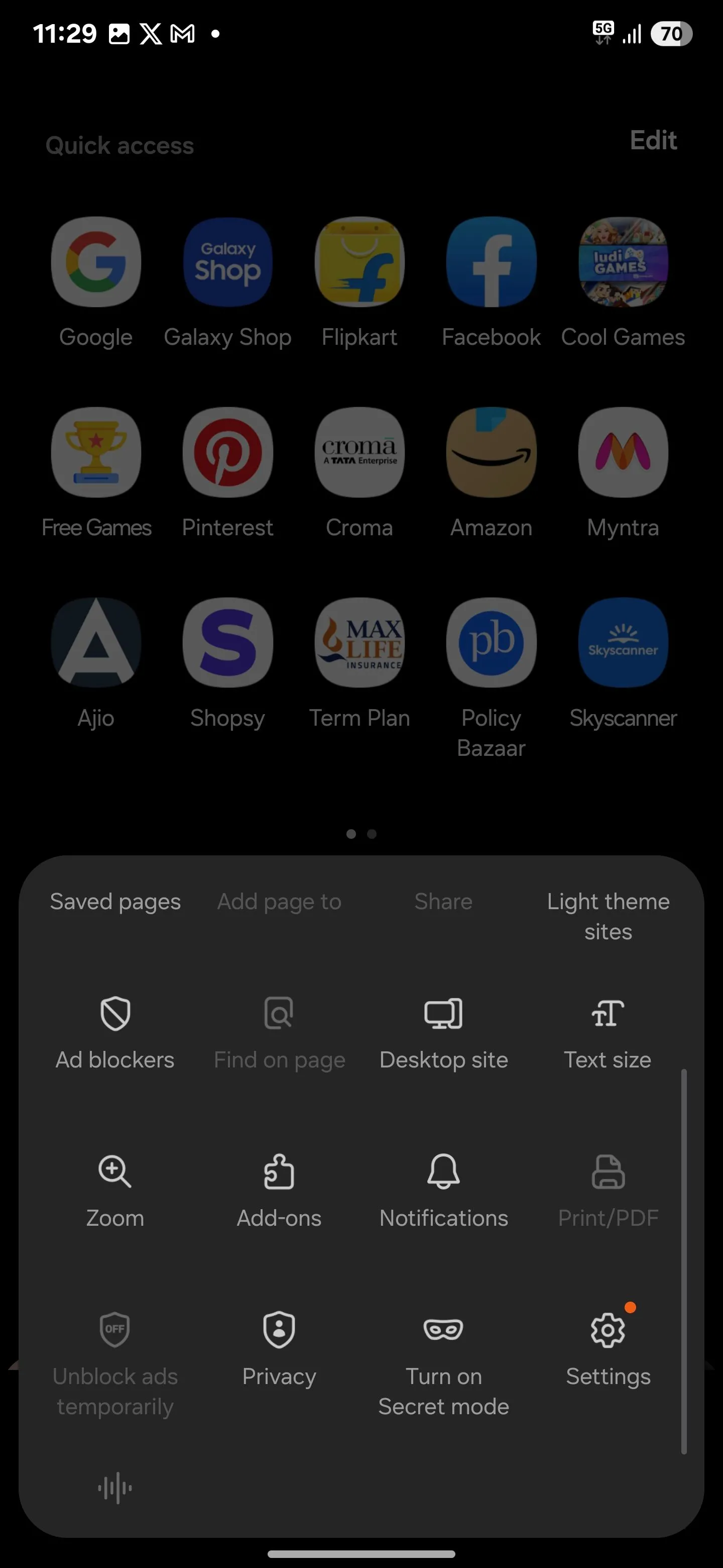 Các tùy chọn menu trong ứng dụng Samsung Internet