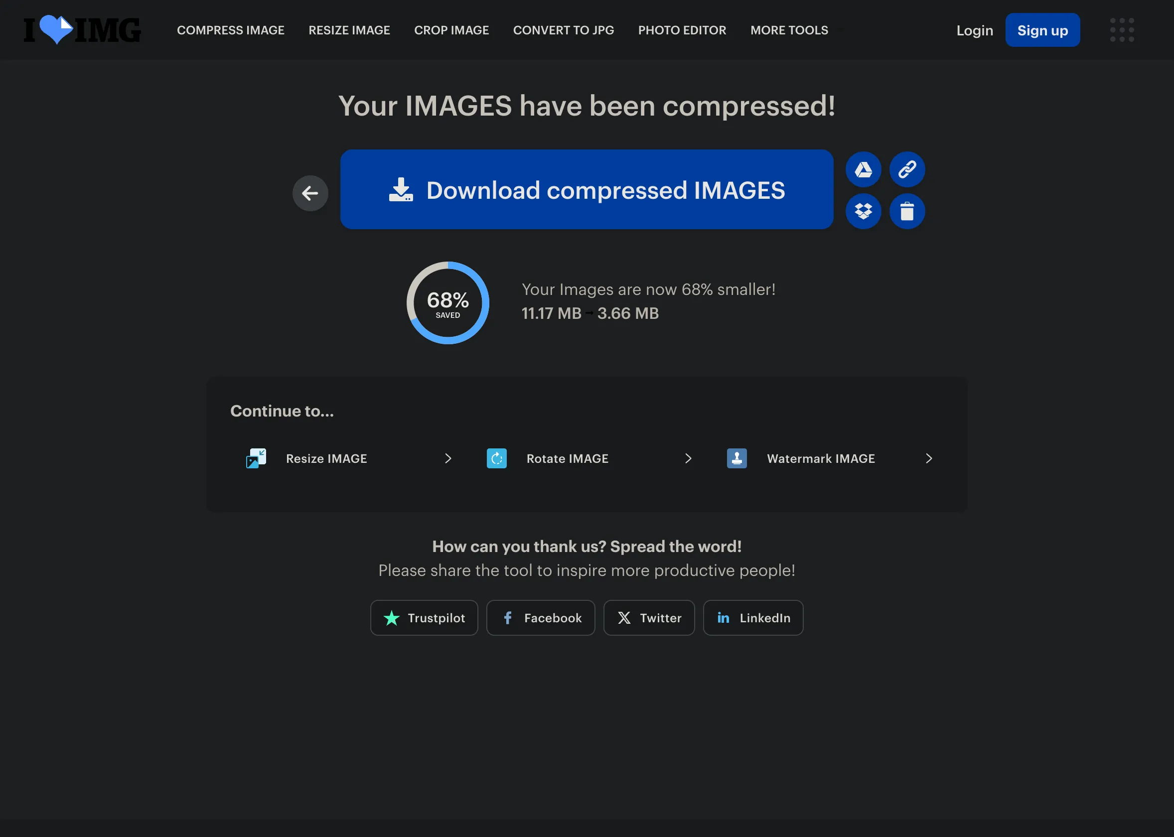 Các tùy chọn tải xuống và lưu trữ ảnh sau khi nén trên iLoveIMG, bao gồm Google Drive và Dropbox