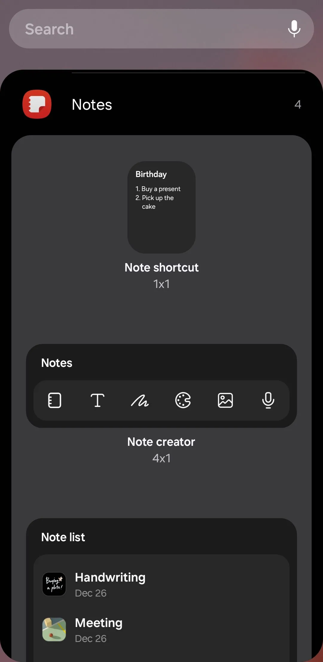 Các tùy chọn widget của ứng dụng Samsung Notes trên điện thoại Galaxy, bao gồm tạo ghi chú mới và danh sách ghi chú.