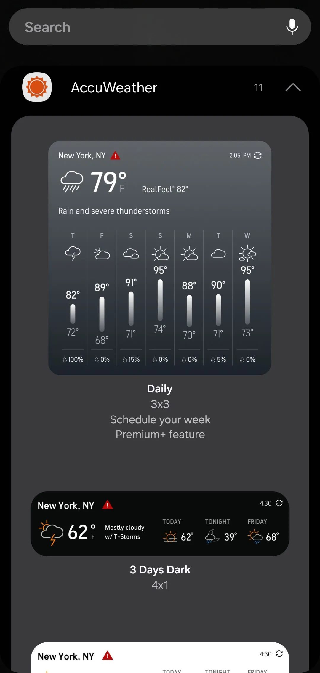 Các tùy chọn widget đa dạng kích thước của ứng dụng AccuWeather.