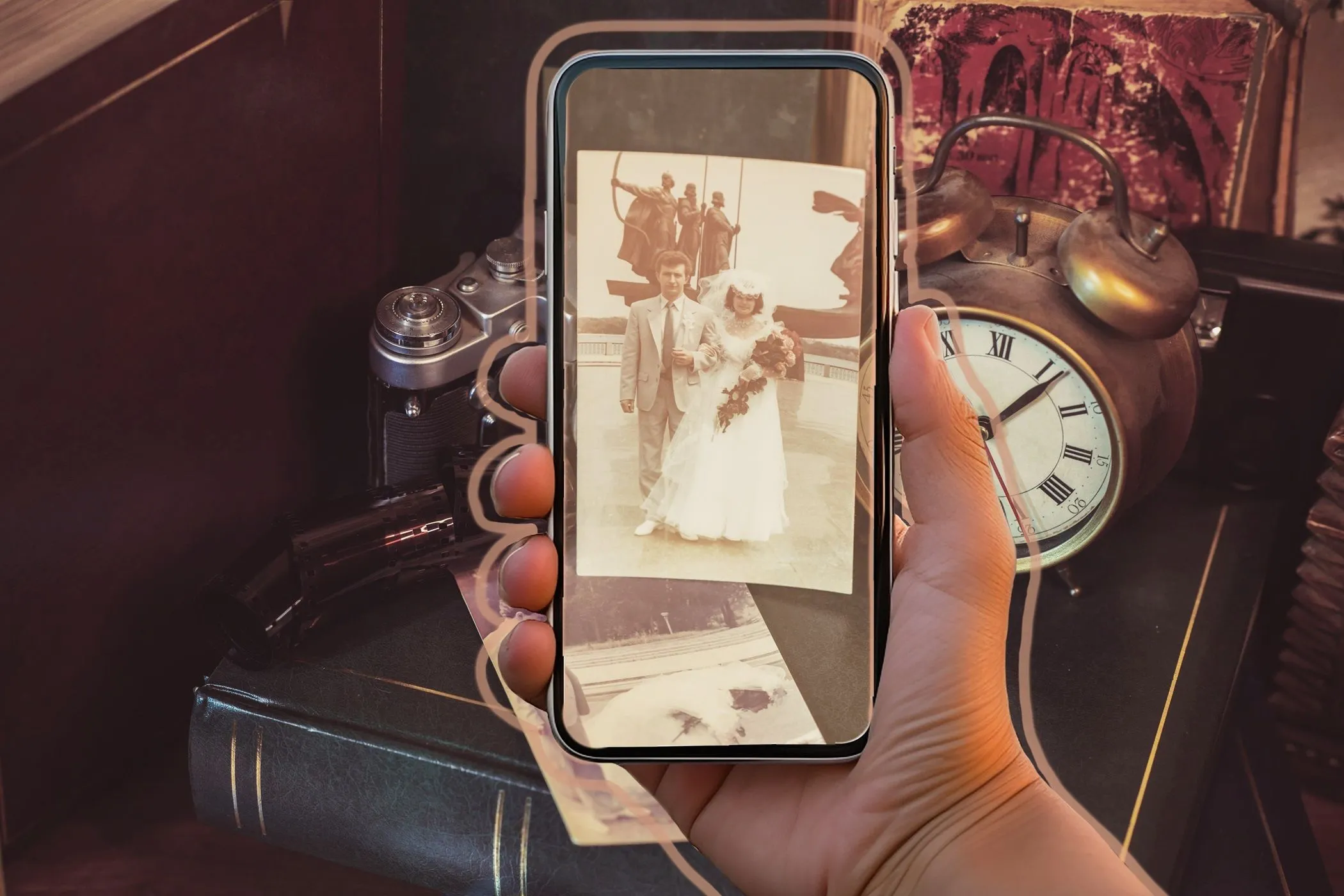 Các vật phẩm và phong cách vintage được chụp qua điện thoại thông minh, phản ánh xu hướng hoài cổ trong thiết kế và nhiếp ảnh hiện đại.