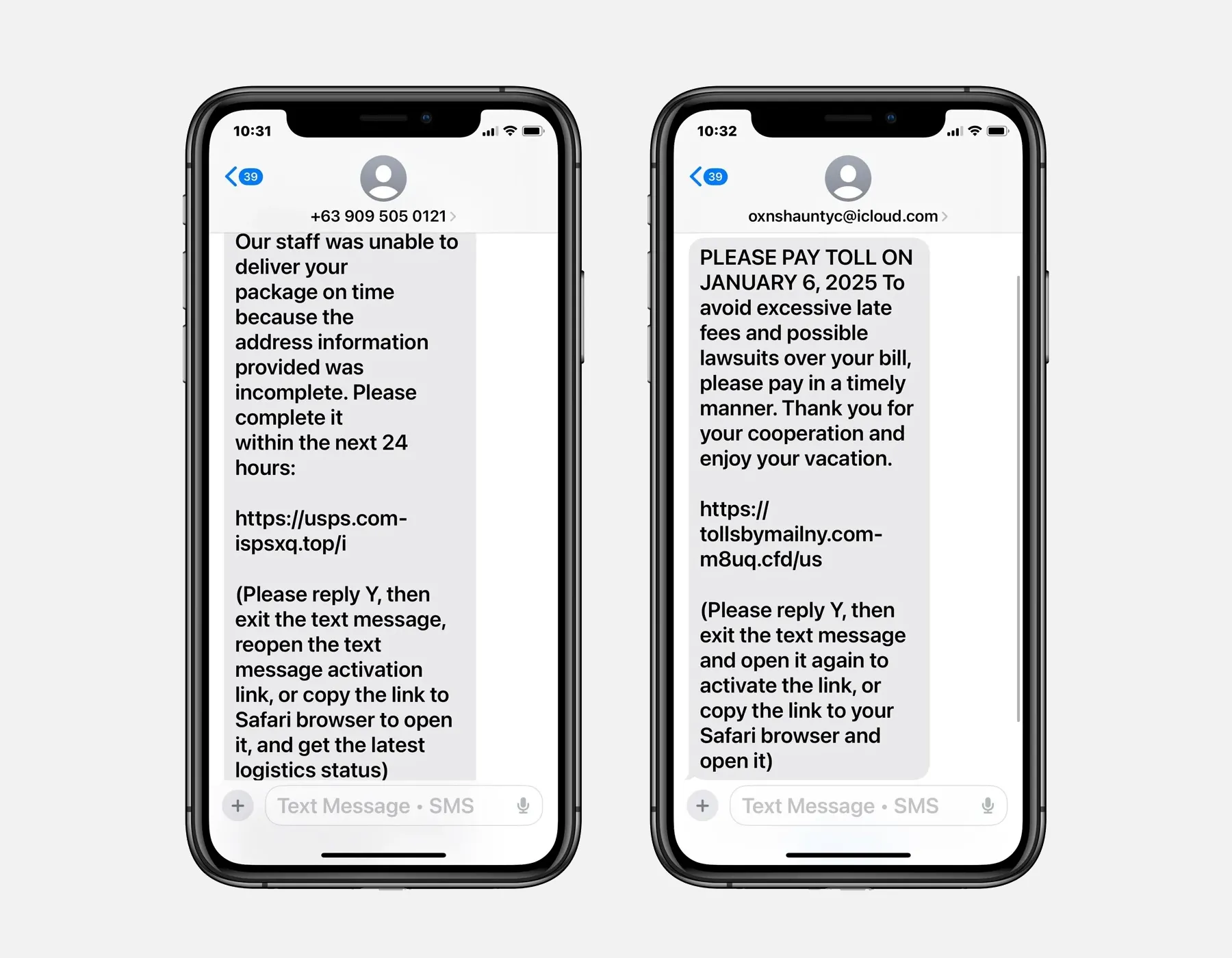 Các ví dụ tin nhắn smishing lừa đảo qua iMessage theo báo cáo của Bleeping Computer