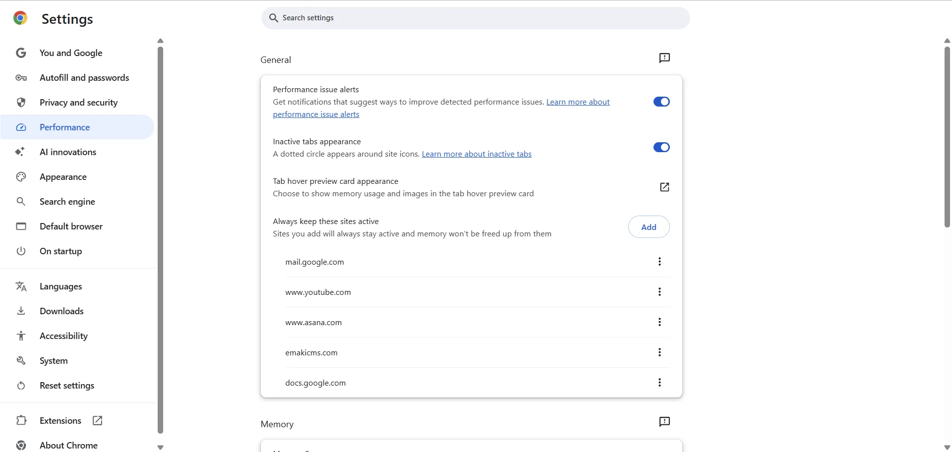 Cách thêm trang web vào danh sách luôn hoạt động trong cài đặt Memory Saver của Chrome