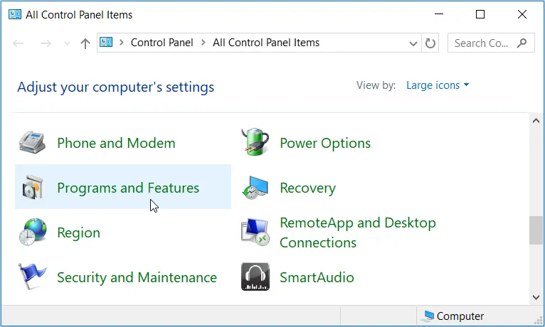 Cách truy cập Programs and Features qua Control Panel trên Windows