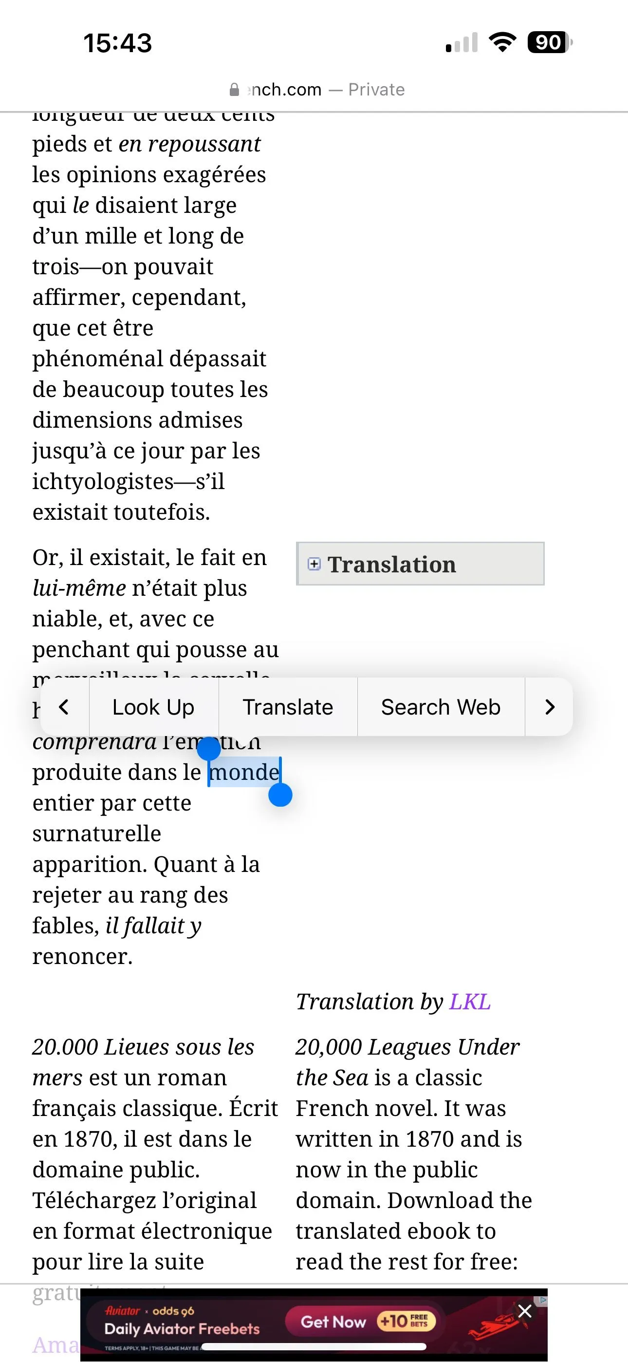 Cách truy cập tùy chọn Look Up từ menu ngữ cảnh sau khi chọn một từ trên iPhone.