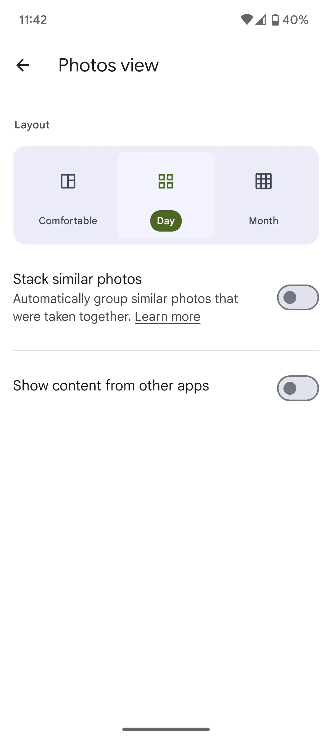 Cài đặt ẩn nội dung từ các ứng dụng khác trong Google Photos, hiển thị tùy chọn ẩn ảnh rác và tùy chỉnh theo ứng dụng