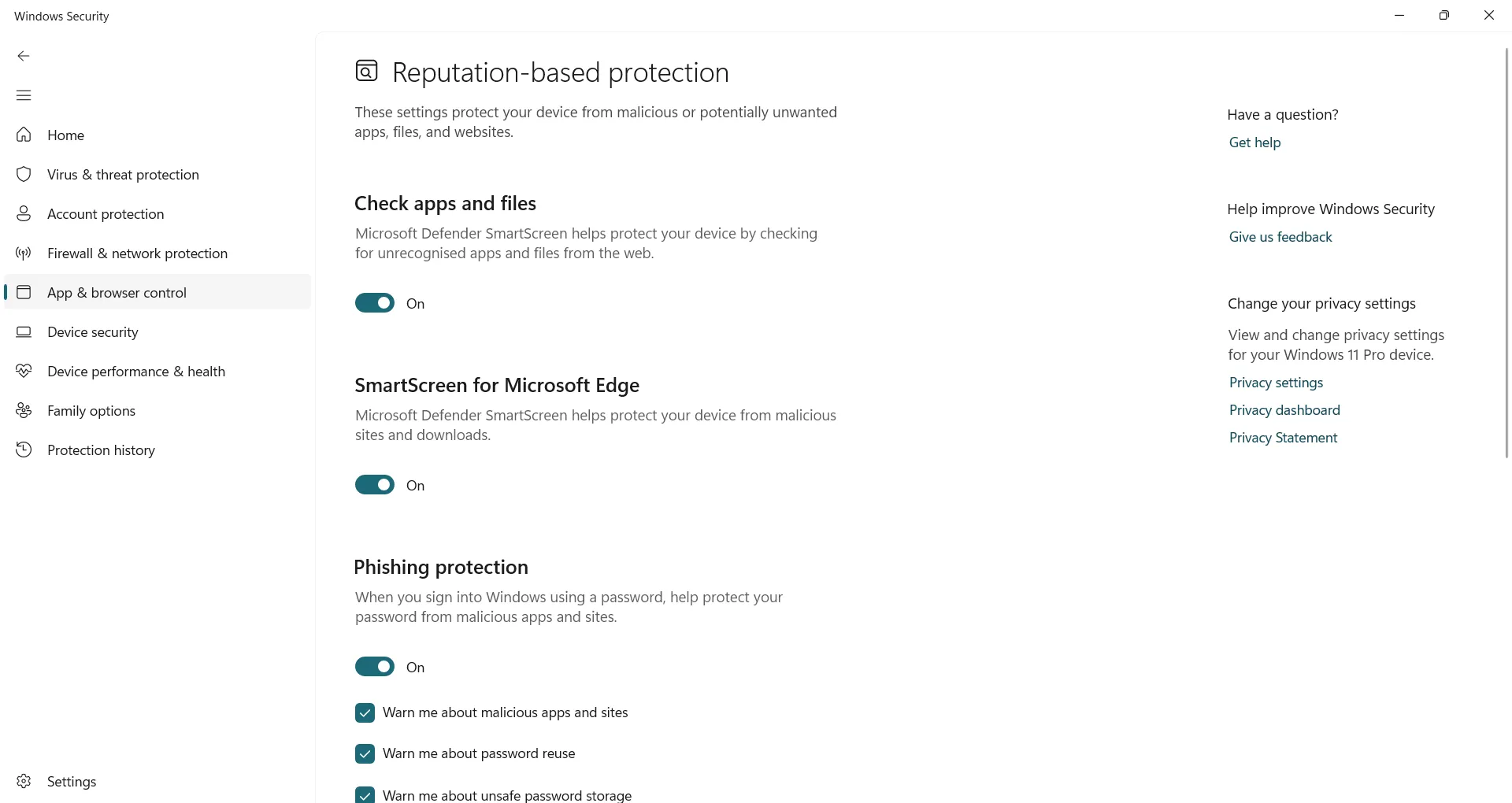 Cài đặt bảo vệ dựa trên uy tín trong Windows Security cho phép cấu hình các tùy chọn chặn ứng dụng và duyệt web.
