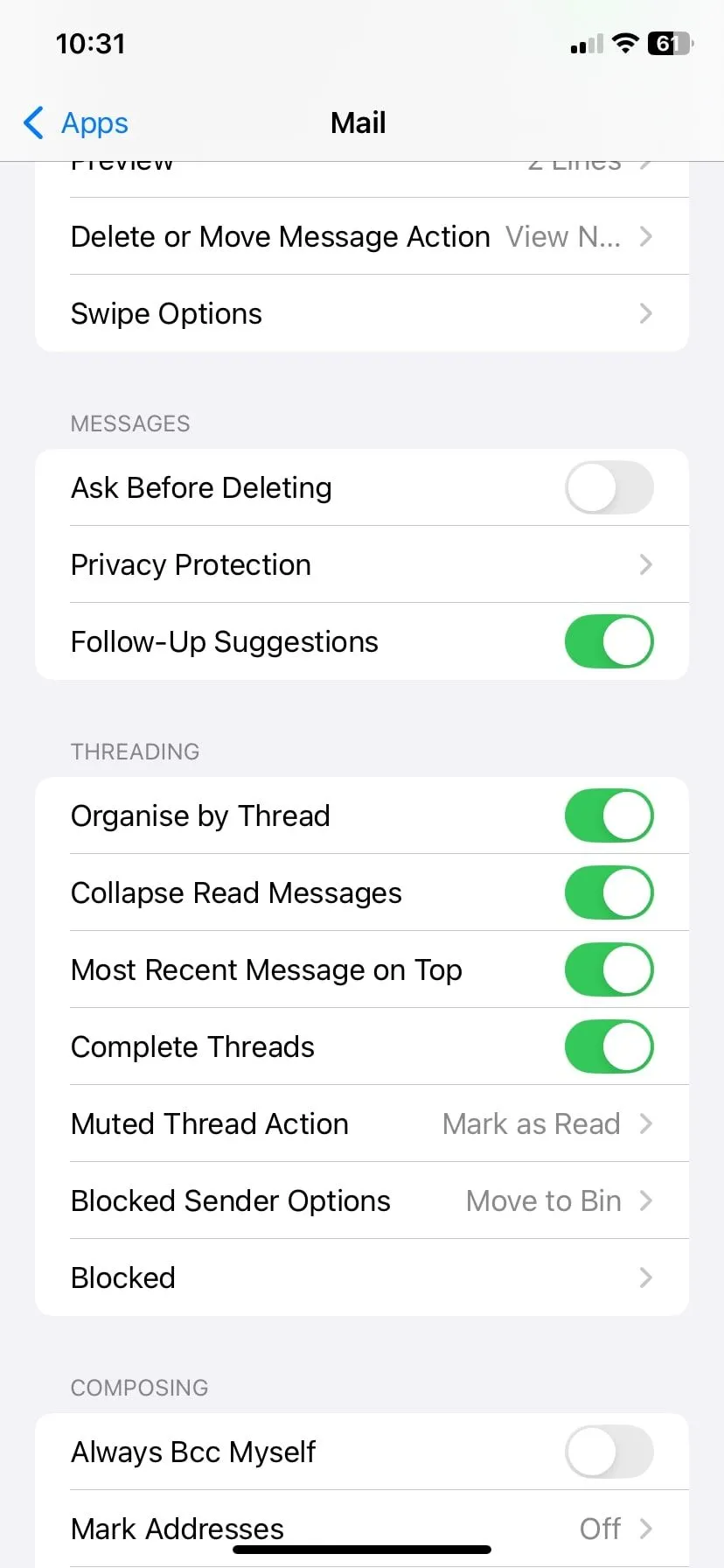 Cài đặt bảo vệ quyền riêng tư Mail trên iPhone, hiển thị tính năng chặn theo dõi email của Apple Mail.