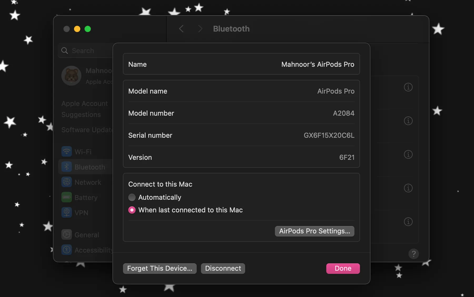 Cài đặt Bluetooth của AirPods trên macOS, hiển thị thông tin chi tiết về tai nghe.
