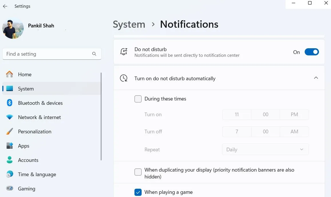 Cài đặt chế độ Không Làm Phiền (Do Not Disturb) tự động trên Windows 11.