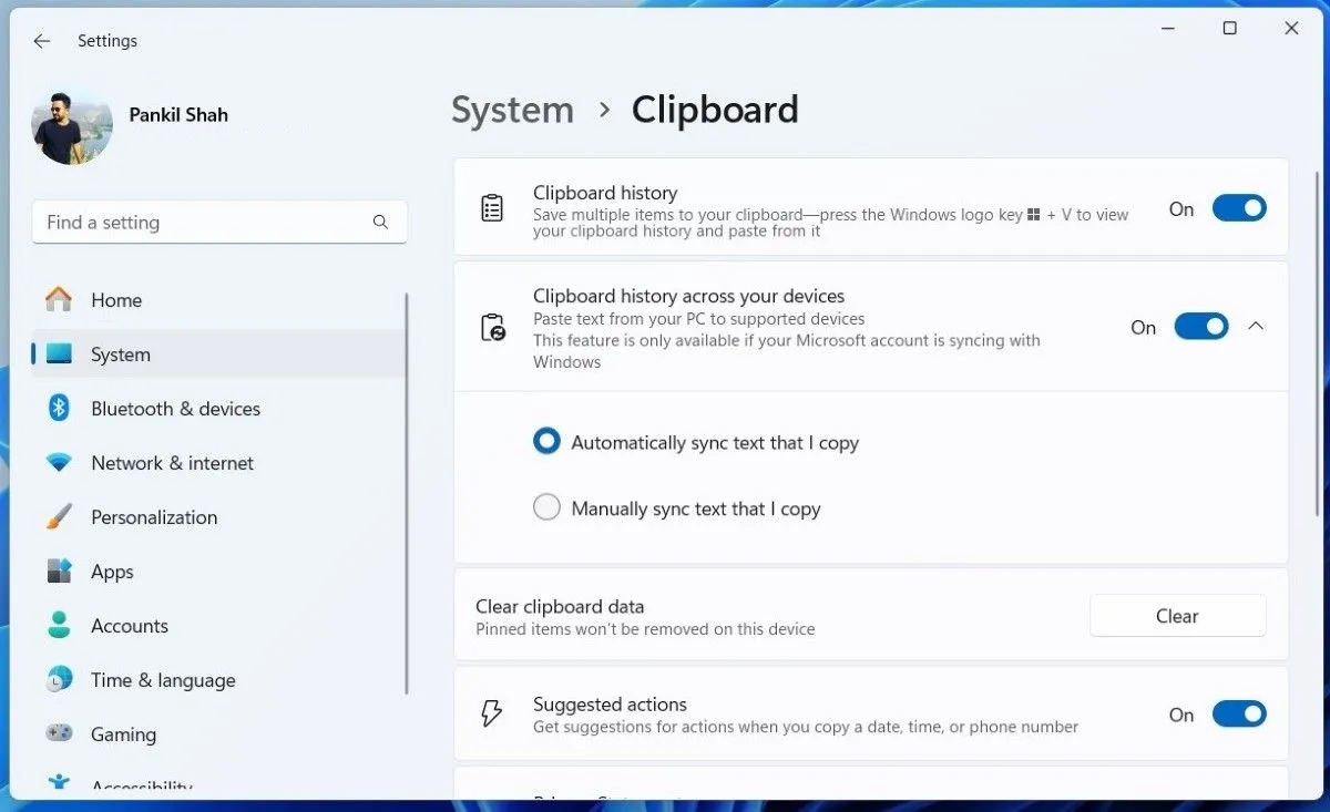 Cài đặt đồng bộ hóa Clipboard Windows 11